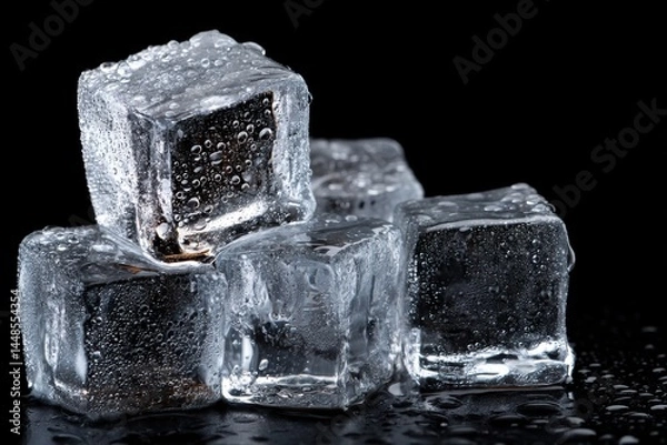 Fototapeta Close-up view of glistening ice cubes with condensation on a dark background