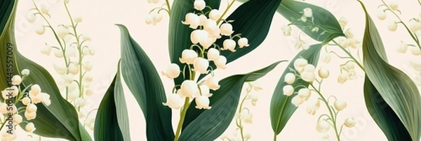 Obraz Seamless pattern of lily of the valley flowers with lush green leaves on a soft beige background in a classic botanical style