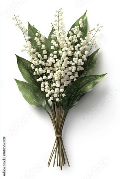 Obraz A delicate bouquet of lily of the valley flowers with lush green leaves arranged on a white background