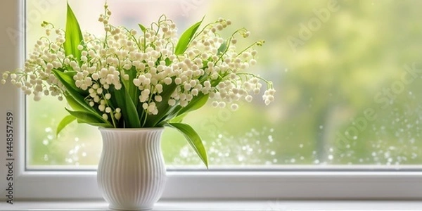 Obraz Beautiful bouquet of lily of the valley flowers in a white fluted vase on a windowsill with raindrops and soft greenery outside