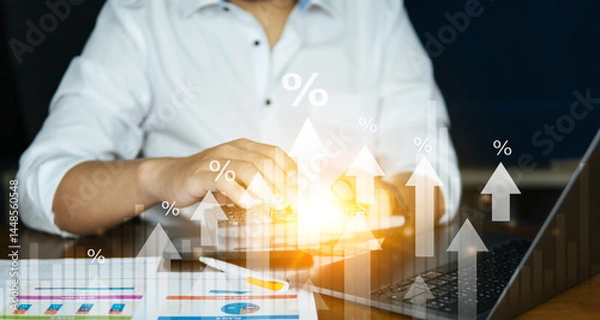 Obraz Business analytics and digital financial report on virtual dashboard with economic chart display. percent TAX increase. 