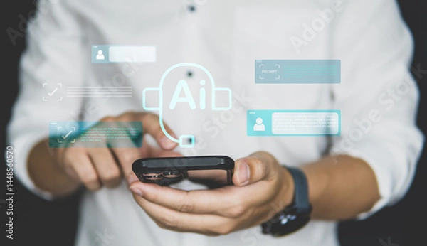Obraz Businessman using smartphone with Artificial intelligence technology interacting via smartphone for digital transformation concept.