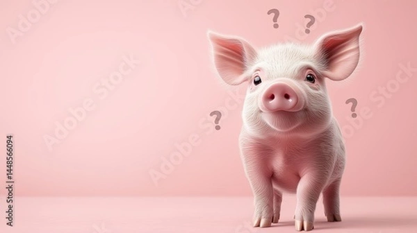 Fototapeta Confused animals : shark, piglet, camel, dolphin, koala, chimpanzee, cow, zebra, turtle and hen, looking into the camera, question marks floating around, soft pink background