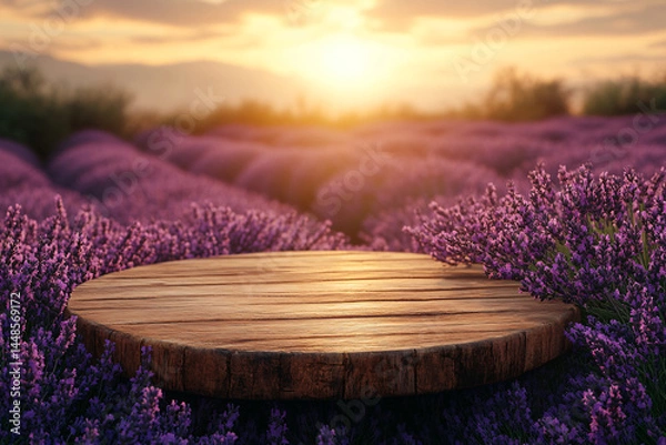 Fototapeta Rustic wood table display against lavender field at dusk. Golden light, serene atmosphere, copy space. Ideal for product placement, aromatherapy, or wellness themes.