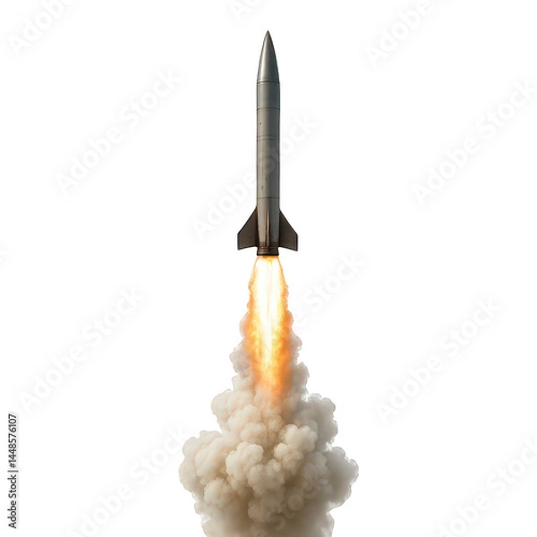 Obraz The sleek metallic rocket blasts off from the ground, generating a massive plume of fiery orange exhaust and billowing white.