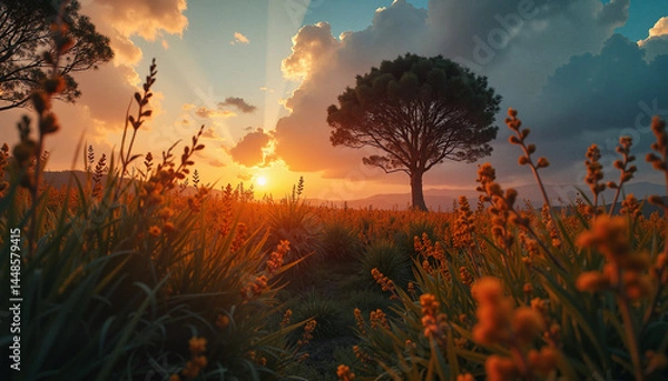 Fototapeta Serene sunset behind a tree with vibrant flowers in a meadow  