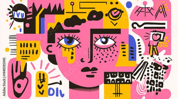 Fototapeta the image showcases an abstract portrait composed of various geometric shapes and graphic elements in a lively palette of colors