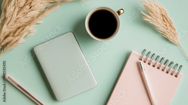 Fototapeta the photograph showcases a workspace, styled with a flat lay perspective. a closed portable computer is positioned alongside a pink notepad with a metallic spiral binding, accompanied by a pen