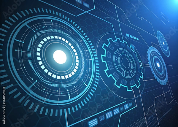 Fototapeta Digital padlock illustration featuring binary code and futuristic circles against a blue and white background: cybersecurity concept
