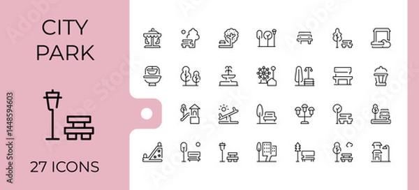 Fototapeta City Park simple icon set. Minimalist linear icons. Includes symbols for park, infrastructure, house, playground, city. Editable vector. Infrastructure icon set.