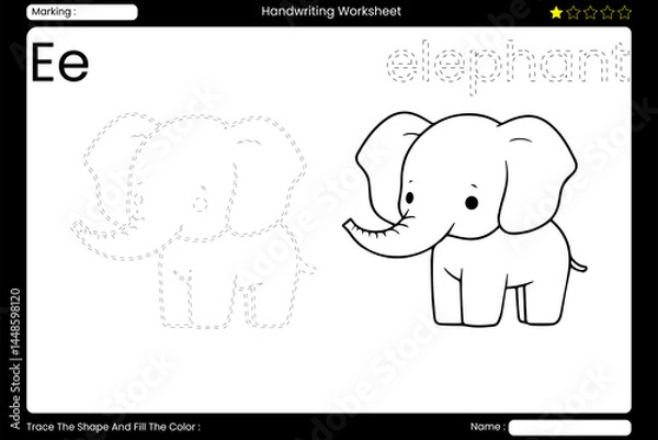 Fototapeta Trace Letter E. Adorable Elephant Coloring Page for Kids. Printable Vocabulary Builder. Educational Vector Worksheet