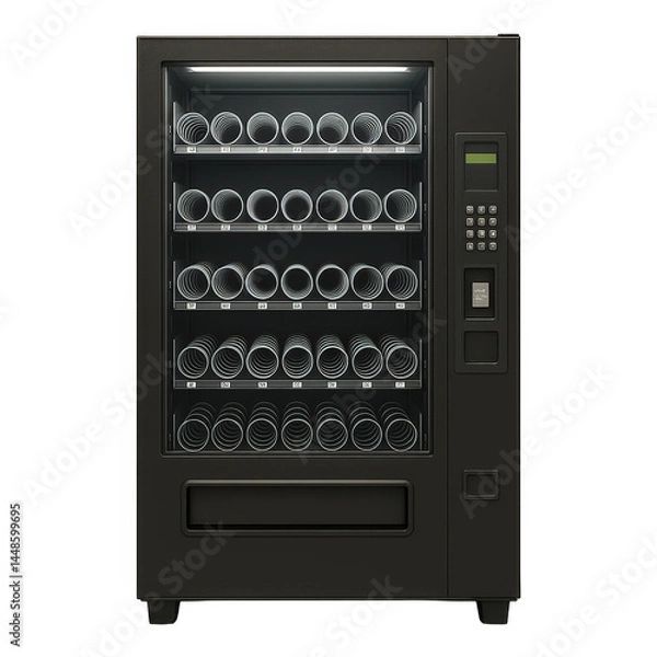 Obraz Empty but ready, a modern black vending machine displays its internal spiral dispensing mechanisms through the glass.