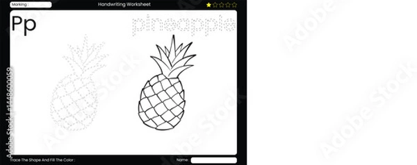 Fototapeta  Trace Letter P. Delicious Pineapple Coloring Page for Kids. Printable Vocabulary Builder. Educational Vector Worksheet