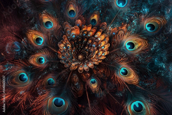 Fototapeta Close-up of peacock feathers, rich brown and teal hues, arranged in a circular pattern creating a floral design, symbolizing beauty, elegance, and luxury