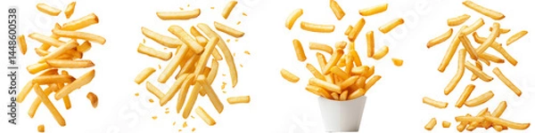 Fototapeta Golden French fries floating from top to bottom in mid-air, isolated on a transparent background