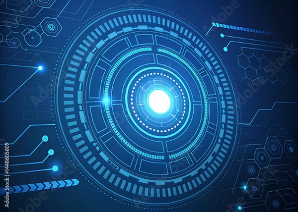 Fototapeta Digital padlock illustration featuring binary code and futuristic circles against a blue and white background: cybersecurity concept