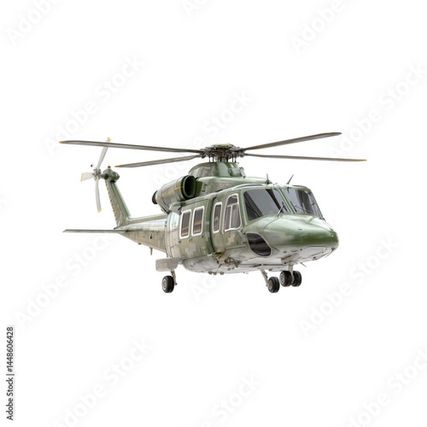 Fototapeta A military helicopter with a sleek design, featuring a green exterior and multiple rotor blades, ready for flight.