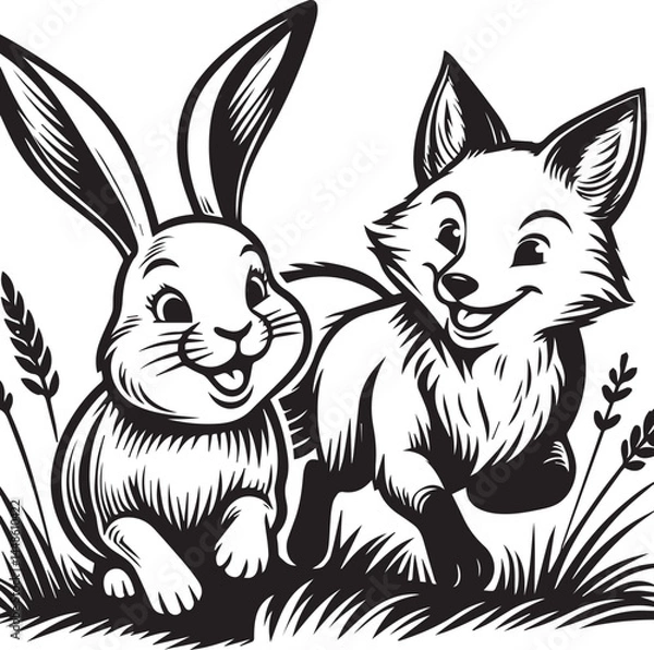 Fototapeta Friendly Rabbit and Fox Playfully Flying Through Fields. A whimsical black and white illustration of a rabbit and a fox joyfully flying through a field of flowers.
