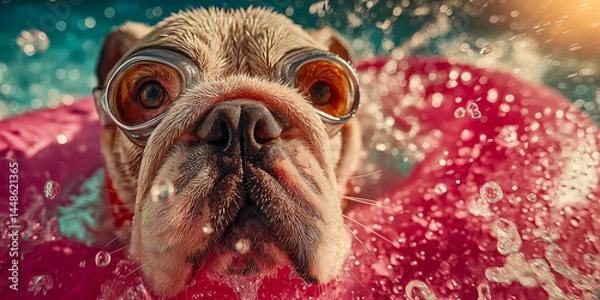 Fototapeta Adorable bulldog wearing swim goggles floating on pink pool ring with water splashes, perfect for summer fun, pet promotions and playful advertising