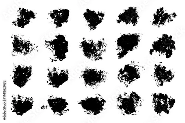 Obraz Collection of abstract spots on white background. Set of vector textures of grunge ink splashes, artistic paint brushes of different chaotic shapes with uneven torn edges in form of rounded blots. 