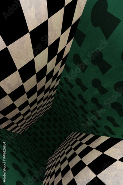Fototapeta The wonderland room. Background of green walls and a chess floor. Mad Tea party. Colorful background for photo shoots and parties	
