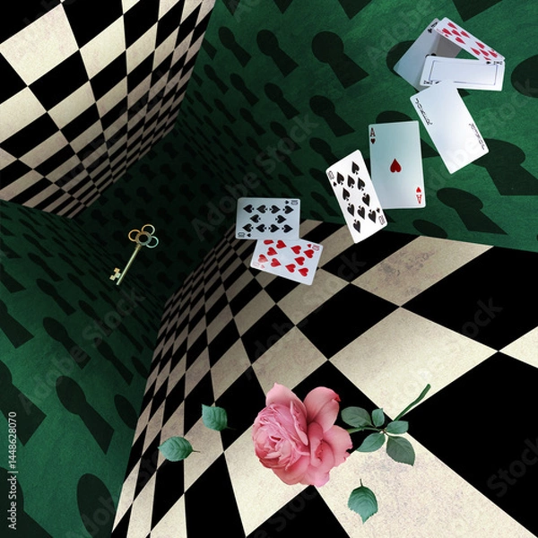 Fototapeta The wonderland room. Flying furniture, playing cards, cups, watches, keys and more on the background of green walls and a chess floor. Mad Tea party. Colorful background for photo shoots and parties
