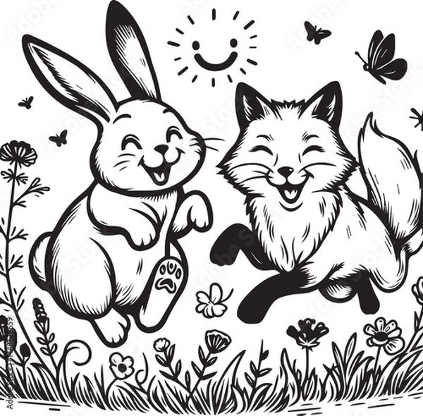 Fototapeta Friendly Rabbit and Fox Playfully Flying Through Fields. A whimsical black and white illustration of a rabbit and a fox joyfully flying through a field of flowers.