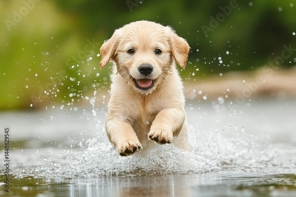 Fototapeta Golden Retriever puppy joyfully splashing through water in a sunny outdoor setting, Golden Retriever puppy running through water with a happy expression