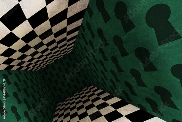 Fototapeta The wonderland room. Background of green walls and a chess floor. Mad Tea party. Colorful background for photo shoots and parties	
