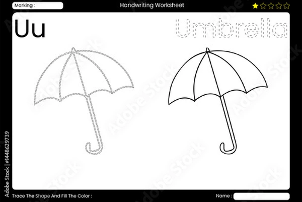 Fototapeta  Trace Letter U. Useful Umbrella Coloring Page for Kids. Printable Vocabulary Builder. Educational Vector Worksheet