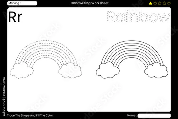 Fototapeta Trace Letter R. Radiant Rainbow Coloring Page for Kids. Printable Vocabulary Builder. Educational Vector Worksheet