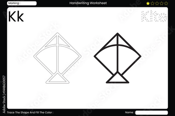 Fototapeta Trace Letter K. Colorful Kite Coloring Page for Kids. Printable Vocabulary Builder. Educational Vector Worksheet