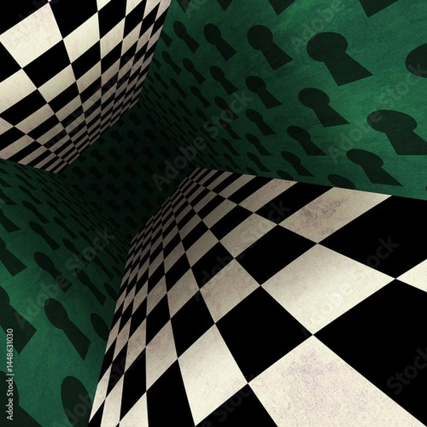 Fototapeta The wonderland room. Background of green walls and a chess floor. Mad Tea party. Colorful background for photo shoots and parties	
