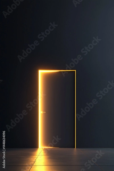 Obraz Closed dark door glowing with bright orange light from the edges in a minimal interior, symbolizing opportunity, mystery, or new beginnings
