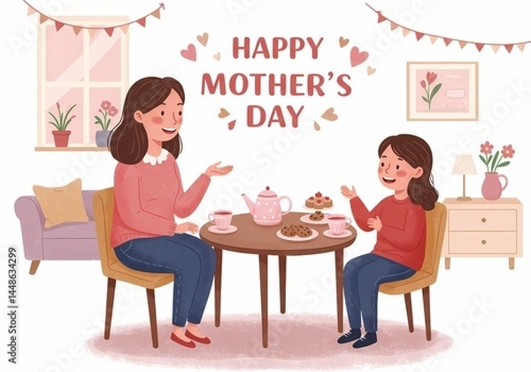 Fototapeta Illustrative mother's day tea time scene showing mother and daughter celebrating
