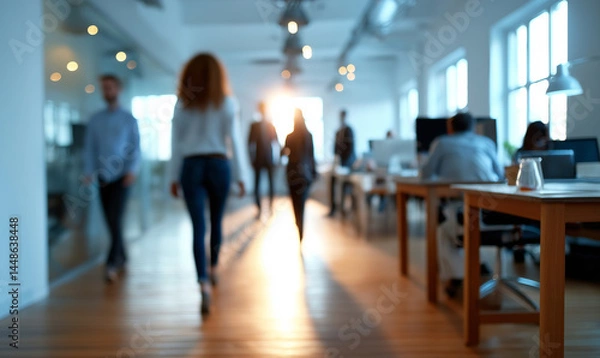 Fototapeta Blurred image of professionals walking and working in a sunlit modern office with wood flooring, open layout, and a collaborative work environment