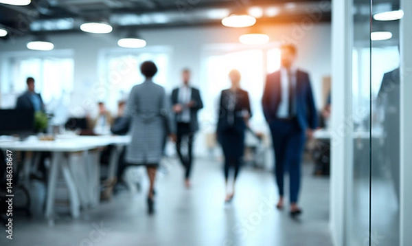 Fototapeta Blurred professionals walking and conversing in a bright, modern open-plan office with desks, ceiling lights, and large windows in a collaborative setting