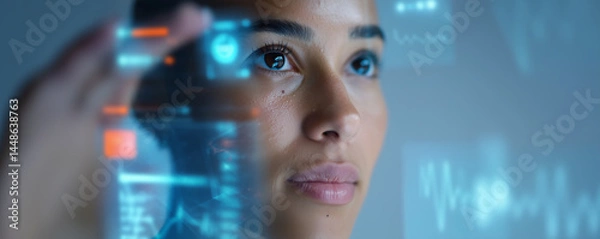 Obraz Young woman interacting with futuristic transparent digital interface, focused on virtual data display in a high-tech environment