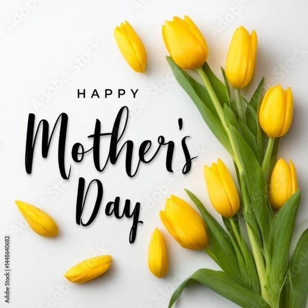Fototapeta Happy Mother's Day with tulips on a white background. Flat lay. Happy Mother's Day, spring flowers for mother, tenderness, love for mother, holiday card, flower arrangement, joy, gratitude, attention.