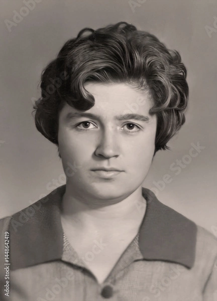 Fototapeta Vintage portrait of attractive young woman dressed in a strict style. Retro photo from 1969.