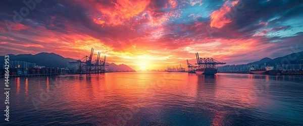 Obraz Vibrant sunset over a bustling harbor