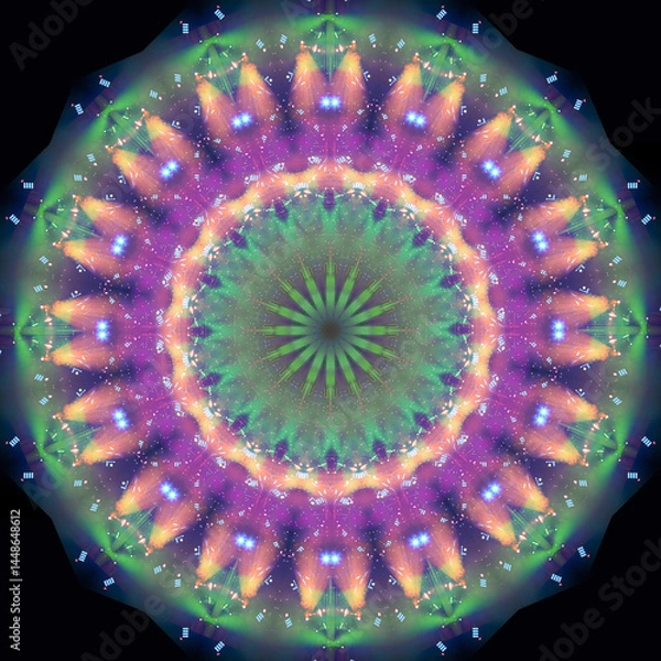 Fototapeta Abstract pattern, multi-colored kaleidoscope from photos stage light and smoke on stage, lighting and spotlights