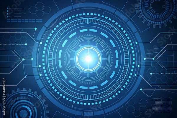 Fototapeta Digital padlock illustration featuring binary code and futuristic circles against a blue and white background: cybersecurity concept