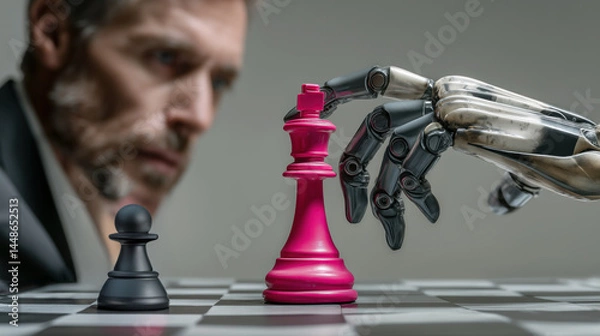 Fototapeta Partie d'échecs entre l'humain et la technologie de l'intelligence artificielle, une main de robot réalisant le coup victorieux face à un homme en costume flou en arrière-plan, sur fond gris.