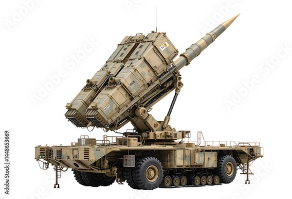 Fototapeta Advanced missile defense system on mobile launcher, white background, highlighting precision engineering in desert-camouflage pattern