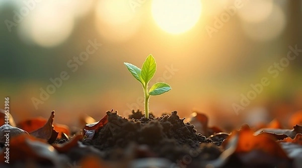 Fototapeta Vibrant seedling emerging from soil illuminated by the golden morning sunlight