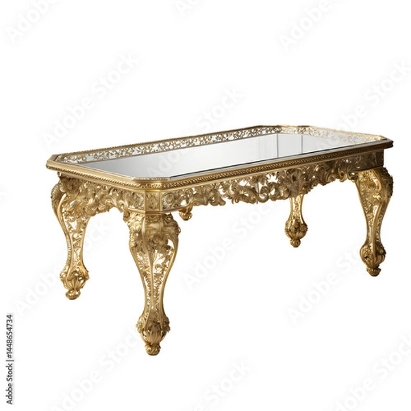 Fototapeta Hollywood Regency gold mirrored coffee table with ornate legs, isolated on a empty plain background
