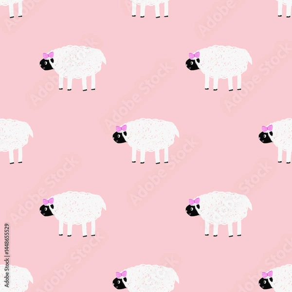 Obraz seamless pattern with cute sheep in naive kids style on pastel pink background. Kids fabric texture, print for nursery, baby clothing.