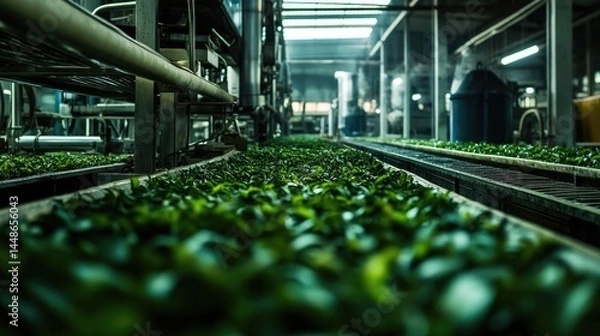 Fototapeta Clean indoor facility showing modern machinery sorting, drying, and packaging tea for commercial distribution. -