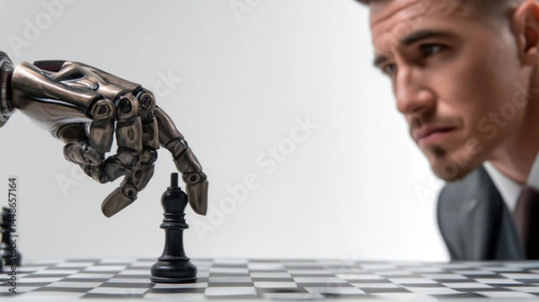 Fototapeta Un robot battant aux échecs un humain, homme flou avec expression dépitée en arrière-plan, concept de question de société sur l'évolution de l'intelligence artificielle, image avec espace pour texte.